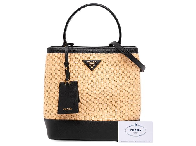 Bolsa Panier Paglia Prada Beige Medium com acabamento em Saffiano - vista 7