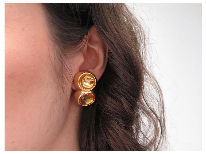 ORECCHINI VINTAGE YVES SAINT LAURENT PIETRE CABOCHON GIALLE SOVRAPPOSTE D'oro - vista 12