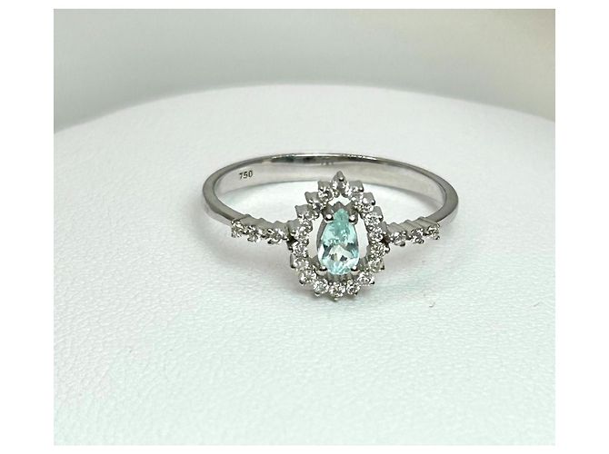 Autre Marque Anello in Oro Bianco 18k Tormalina Paraiba e Diamanti - Certificato AIG Turchese - vista 4