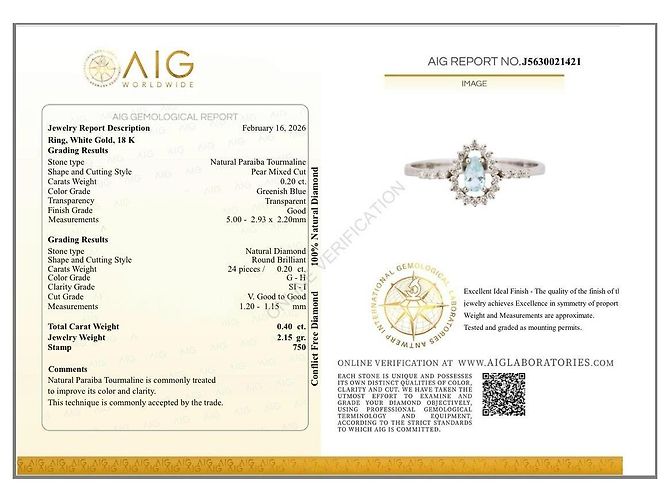Autre Marque Anello in Oro Bianco 18k Tormalina Paraiba e Diamanti - Certificato AIG Turchese - vista 5