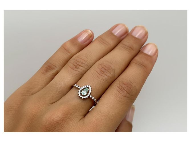 Autre Marque Anello in Oro Bianco 18k Tormalina Paraiba e Diamanti - Certificato AIG Turchese - vista 6