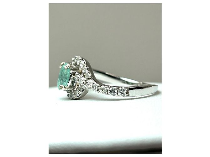 Autre Marque Anello in Oro Bianco 18k Tormalina Paraiba Neon e Diamanti - Certificato AIG Blu Verde Turchese - vista 4