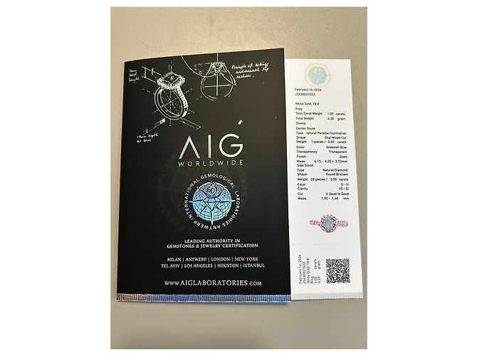 Autre Marque Anello in Oro Bianco 18k Tormalina Paraiba Neon e Diamanti - Certificato AIG Blu Verde Turchese - vista 6