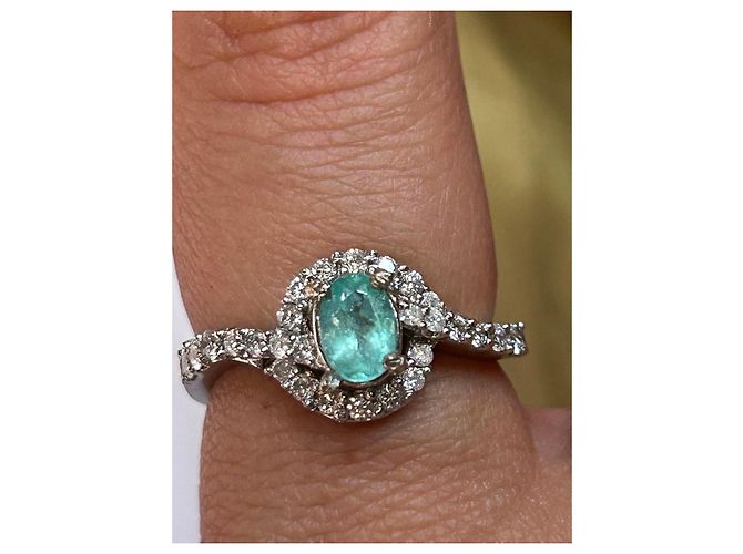 Autre Marque Anello in Oro Bianco 18k Tormalina Paraiba Neon e Diamanti - Certificato AIG Blu Verde Turchese - vista 8