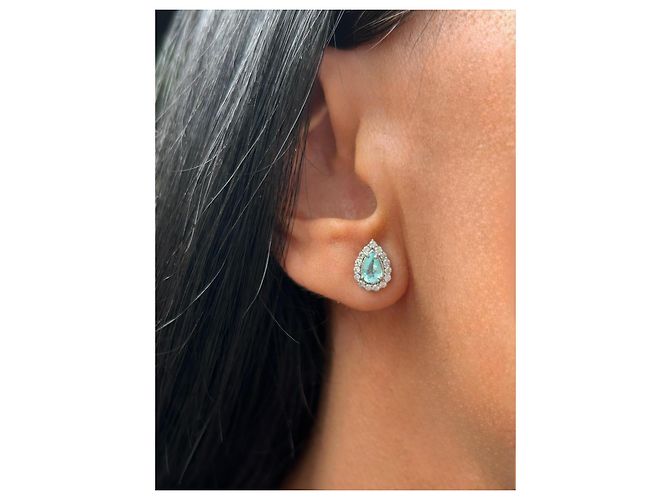 Autre Marque Orecchini in oro bianco 18k Tormalina Paraiba e Diamanti Argento Blu Verde Turchese - vista 2