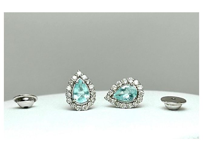 Autre Marque Orecchini in oro bianco 18k Tormalina Paraiba e Diamanti Argento Blu Verde Turchese - vista 5