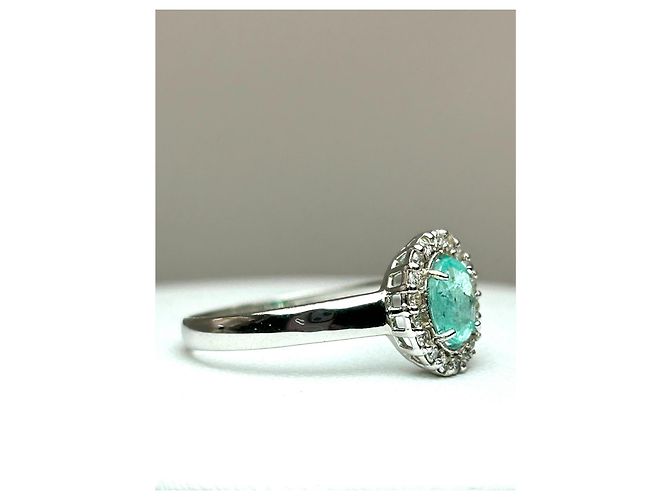 Autre Marque Anello in Oro Bianco 18k Tormalina Paraiba e Diamanti, Certificato AIG Argento Blu Verde chiaro Turchese - vista 3