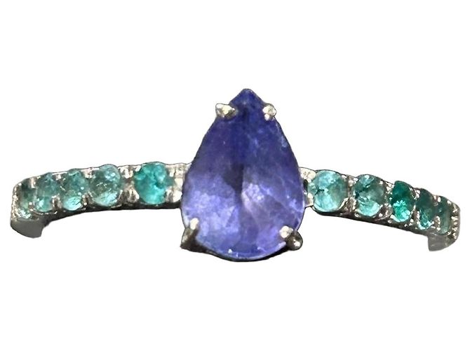Autre Marque Anello in Oro Bianco 18k Tanzanite e Tormalina Paraiba, Certificato AIG Argento Verde Porpora Blu navy - vista 2