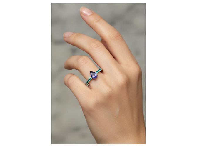 Autre Marque Anello in Oro Bianco 18k Tanzanite e Tormalina Paraiba, Certificato AIG Argento Verde Porpora Blu navy - vista 3