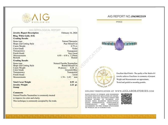 Autre Marque Anello in Oro Bianco 18k Tanzanite e Tormalina Paraiba, Certificato AIG Argento Verde Porpora Blu navy - vista 4