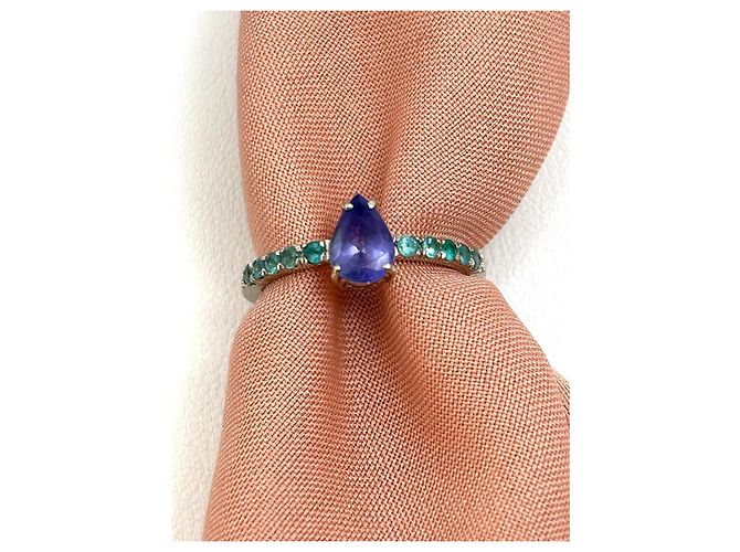 Autre Marque Anello in Oro Bianco 18k Tanzanite e Tormalina Paraiba, Certificato AIG Argento Verde Porpora Blu navy - vista 5