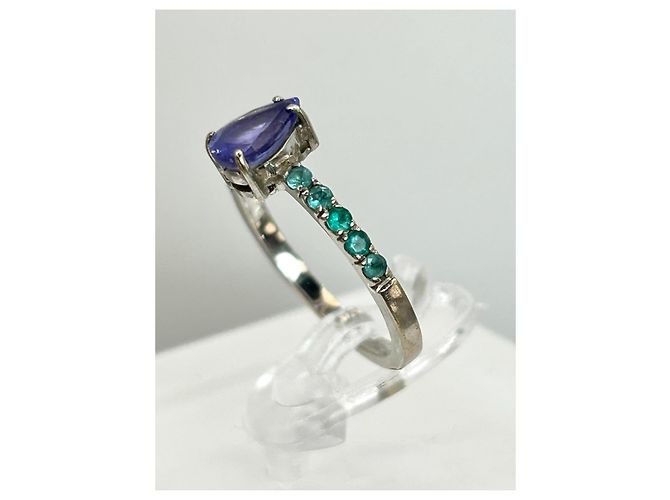 Autre Marque Anello in Oro Bianco 18k Tanzanite e Tormalina Paraiba, Certificato AIG Argento Verde Porpora Blu navy - vista 6