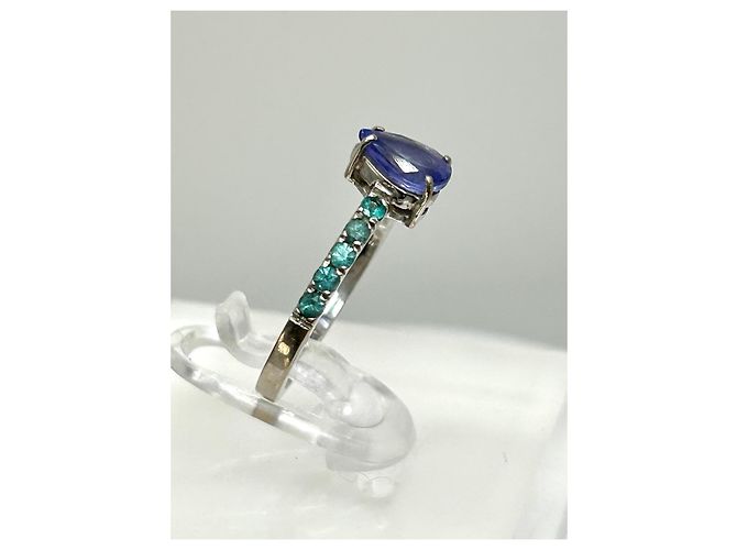 Autre Marque Anello in Oro Bianco 18k Tanzanite e Tormalina Paraiba, Certificato AIG Argento Verde Porpora Blu navy - vista 7