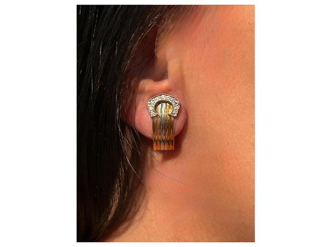 Autre Marque Tri-Color 18k Gold and Diamond Clip-on Earrings Silvery Pink White Golden - view 2
