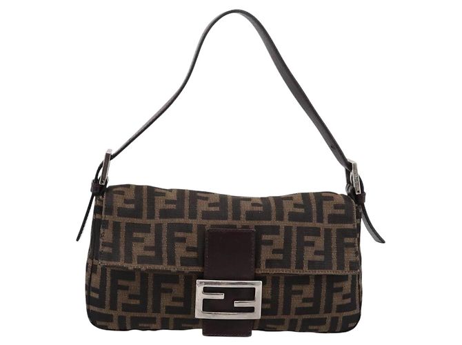 Bolso de hombro FENDI Zucca Canvas Mamma Baguette Negro Marrón Auth 203887V Castaño - vista 13