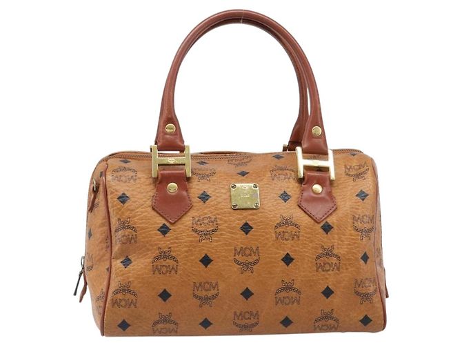 Borsa Boston MCM Logogram Vicetos PVC Pelle Marrone Oro Auth 204073 D'oro - vista 13
