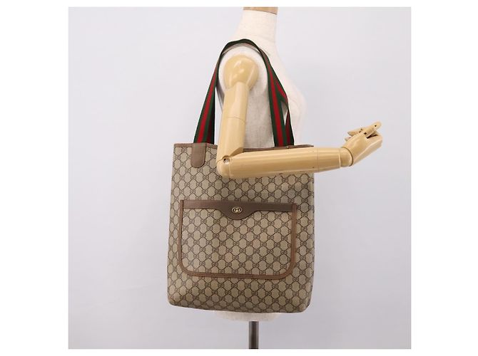 Borsa Tote GUCCI GG Supreme Web Sherry Line PVC Beige Oro 39 02 003 Auth 203840 D'oro - vista 20