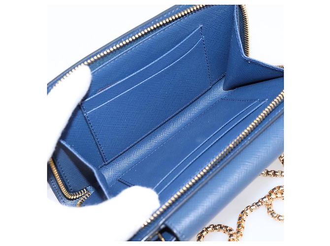 Saffiano Portafoglio a spalla con catena PRADA in pelle Safiano Blu Gold Auth 204270 D'oro - vista 11