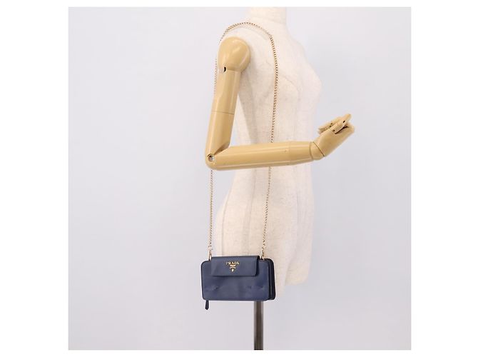 Saffiano Portafoglio a spalla con catena PRADA in pelle Safiano Blu Gold Auth 204270 D'oro - vista 25