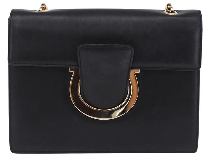 Borsa a tracolla Salvatore Ferragamo Gancini Chain in pelle nera e oro autentica 204374A - vista 13