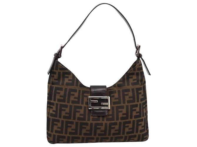 Bolsa de Ombro FENDI Zucca Canvas Mamma Baguette Preta Castanha Auth BA15806V Marrom Preto - vista 13