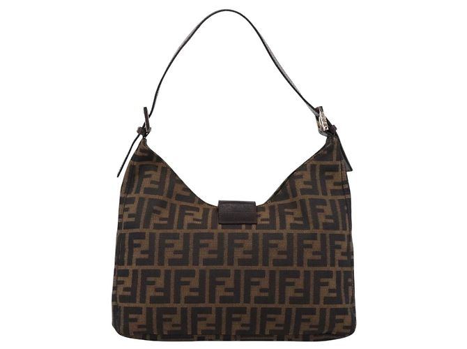 Bolsa de Ombro FENDI Zucca Canvas Mamma Baguette Preta Castanha Auth BA15806V Marrom Preto - vista 2