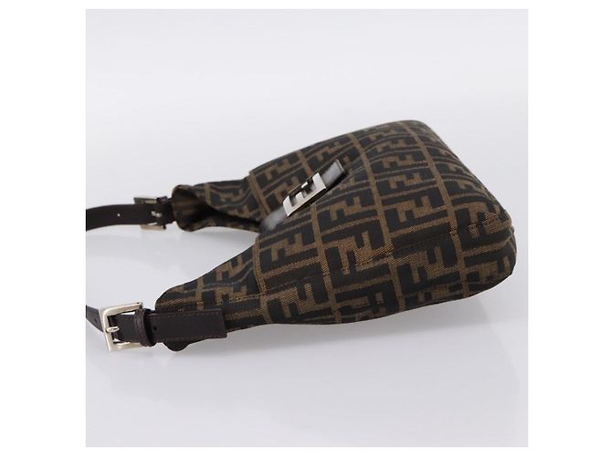 Bolsa de Ombro FENDI Zucca Canvas Mamma Baguette Preta Castanha Auth BA15806V Marrom Preto - vista 3
