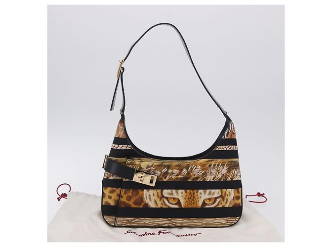 Borsa a mano Salvatore Ferragamo Leopard Nylon Pelle Beige Gold Auth am12601V D'oro - vista 12