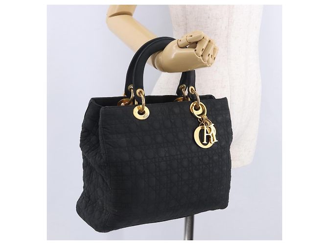 Borsa Christian Dior Lady Dior Canage Canvas Black Gold Auth 201352 Nero D'oro - vista 32