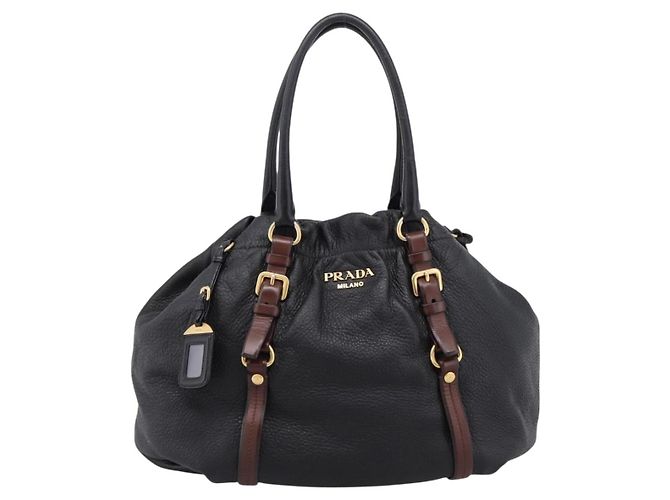 Borsa Tote PRADA Vittero Dino Leather Black Gold Auth 204406 Nero D'oro - vista 13