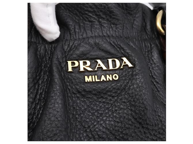 Borsa Tote PRADA Vittero Dino Leather Black Gold Auth 204406 Nero D'oro - vista 18