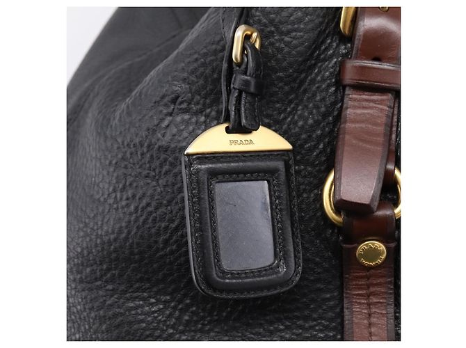Borsa Tote PRADA Vittero Dino Leather Black Gold Auth 204406 Nero D'oro - vista 19