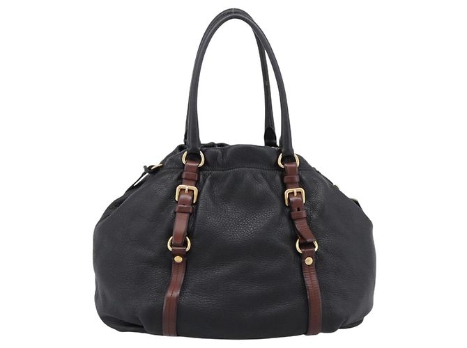 Borsa Tote PRADA Vittero Dino Leather Black Gold Auth 204406 Nero D'oro - vista 2