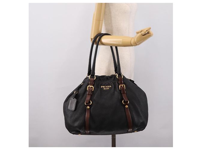 Borsa Tote PRADA Vittero Dino Leather Black Gold Auth 204406 Nero D'oro - vista 26