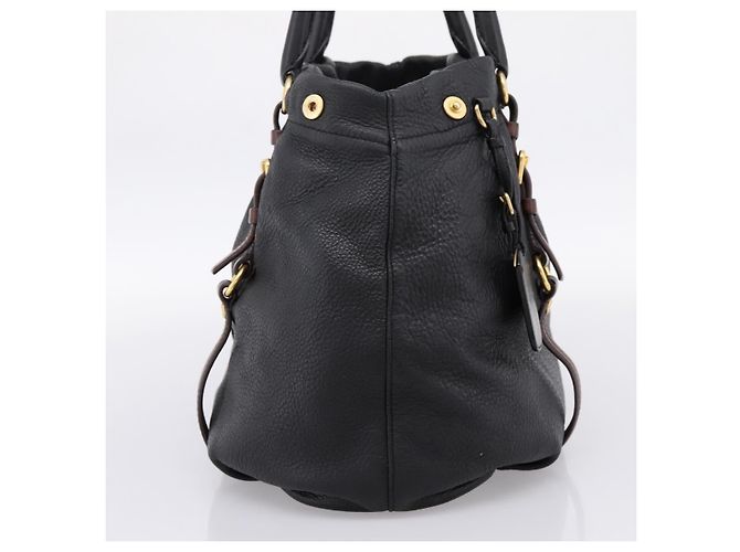 Borsa Tote PRADA Vittero Dino Leather Black Gold Auth 204406 Nero D'oro - vista 3