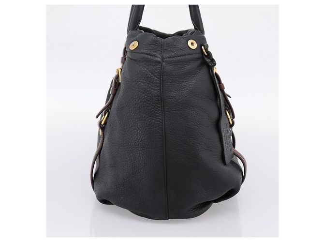 Borsa Tote PRADA Vittero Dino Leather Black Gold Auth 204406 Nero D'oro - vista 4