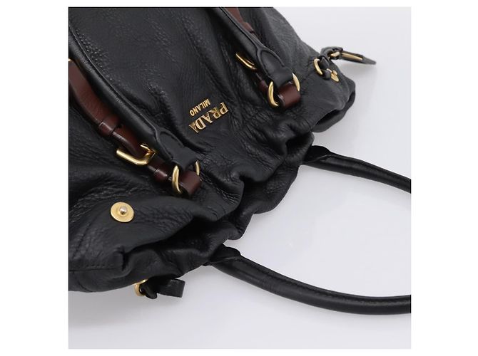 Borsa Tote PRADA Vittero Dino Leather Black Gold Auth 204406 Nero D'oro - vista 6