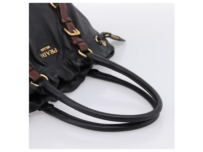 Borsa Tote PRADA Vittero Dino Leather Black Gold Auth 204406 Nero D'oro - vista 7