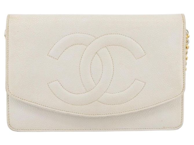 Bolso de hombro con cadena CHANEL Piel Caviar White Gold CC Auth 204805 Blanco Dorado - vista 13