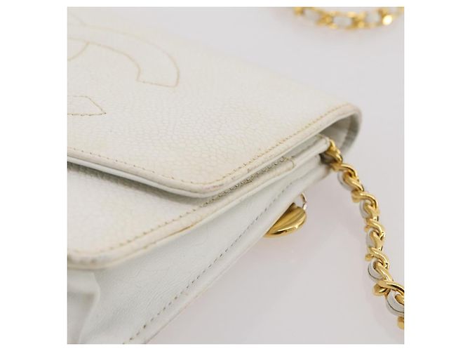 Bolso de hombro con cadena CHANEL Piel Caviar White Gold CC Auth 204805 Blanco Dorado - vista 14