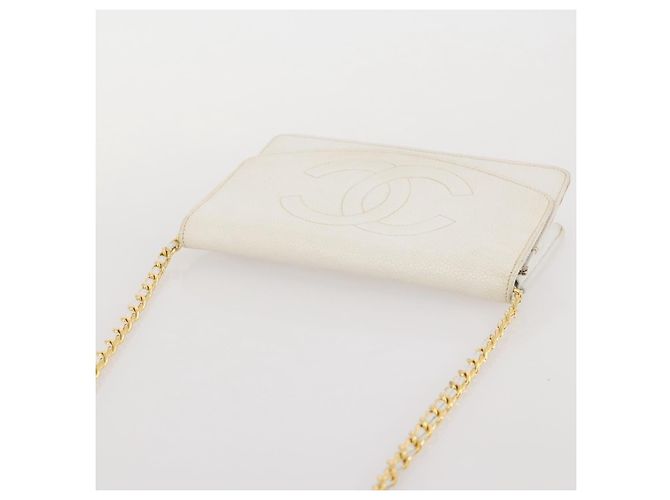 Bolso de hombro con cadena CHANEL Piel Caviar White Gold CC Auth 204805 Blanco Dorado - vista 15