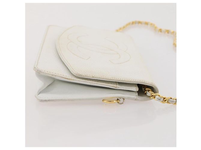 Bolso de hombro con cadena CHANEL Piel Caviar White Gold CC Auth 204805 Blanco Dorado - vista 5