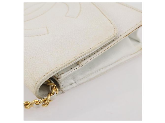 Bolso de hombro con cadena CHANEL Piel Caviar White Gold CC Auth 204805 Blanco Dorado - vista 7