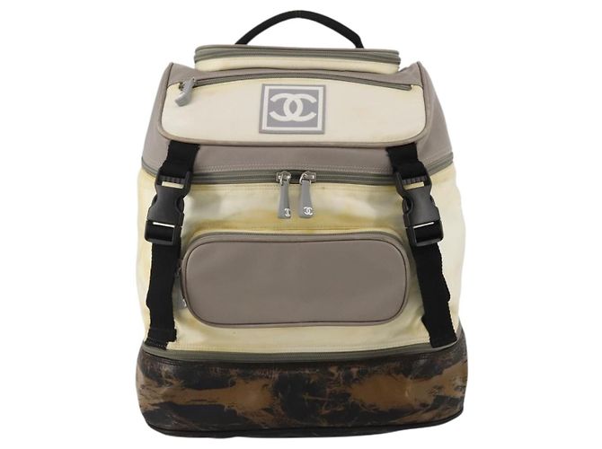 Mochila CHANEL Sports Line COCO Mark Nylon Couro Bege Silver CC Auth bs37020 Prata - vista 13