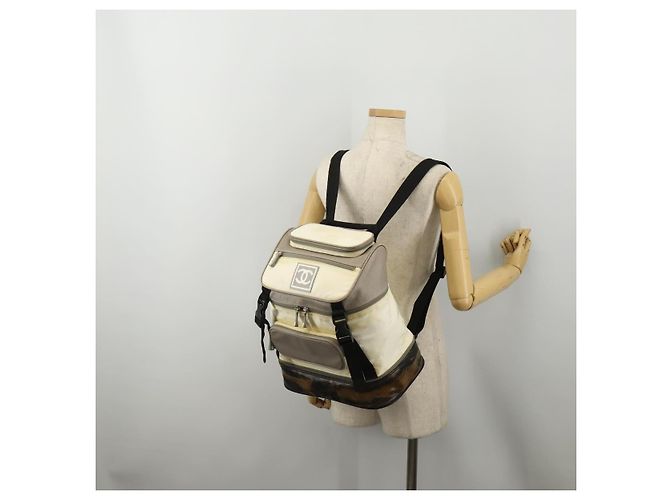 Mochila CHANEL Sports Line COCO Mark Nylon Couro Bege Silver CC Auth bs37020 Prata - vista 29