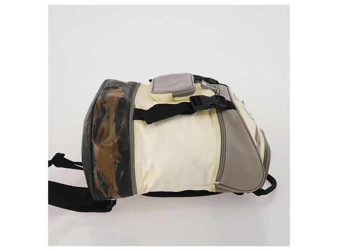 Mochila CHANEL Sports Line COCO Mark Nylon Couro Bege Silver CC Auth bs37020 Prata - vista 3