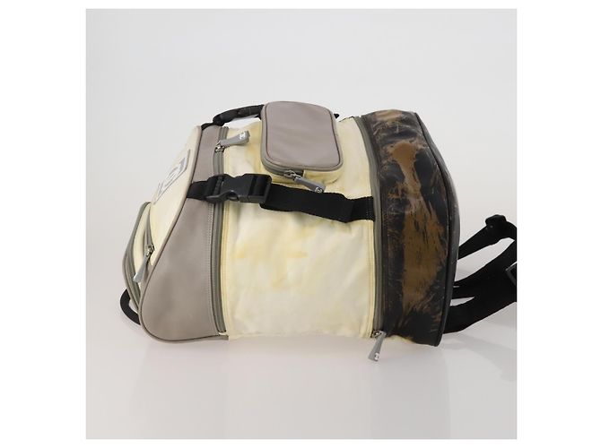 Mochila CHANEL Sports Line COCO Mark Nylon Couro Bege Silver CC Auth bs37020 Prata - vista 4