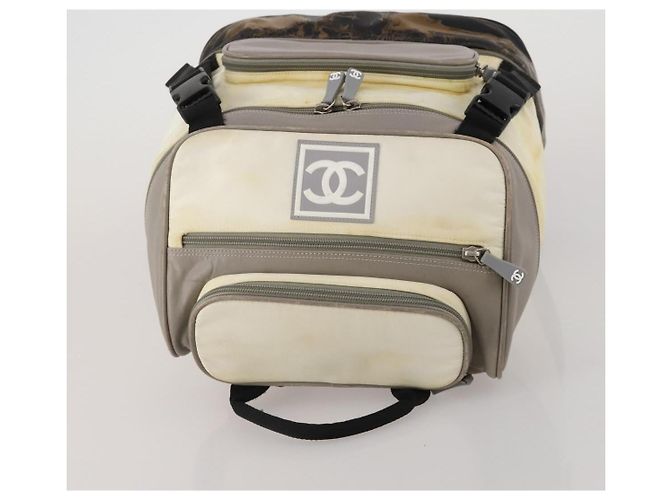 Mochila CHANEL Sports Line COCO Mark Nylon Couro Bege Silver CC Auth bs37020 Prata - vista 6