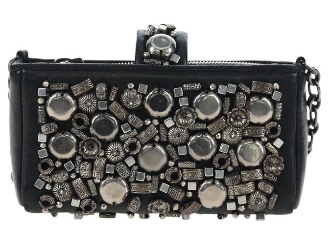 CHANEL Pochette épaule à chaîne en agneau noir argenté CC Auth 200770SAM - vue 13