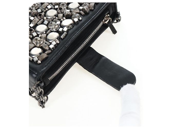 CHANEL Pochette épaule à chaîne en agneau noir argenté CC Auth 200770SAM - vue 23